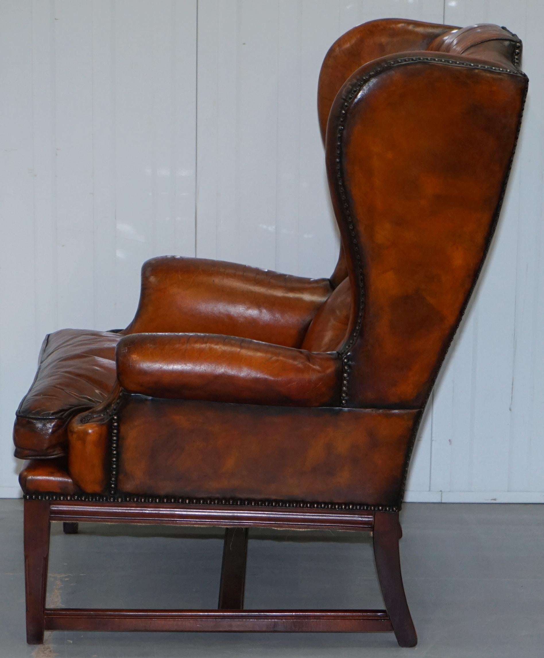 Stunning Whisky Brown Leather Chesterfield Wingback Armchair Feather Cushion 11