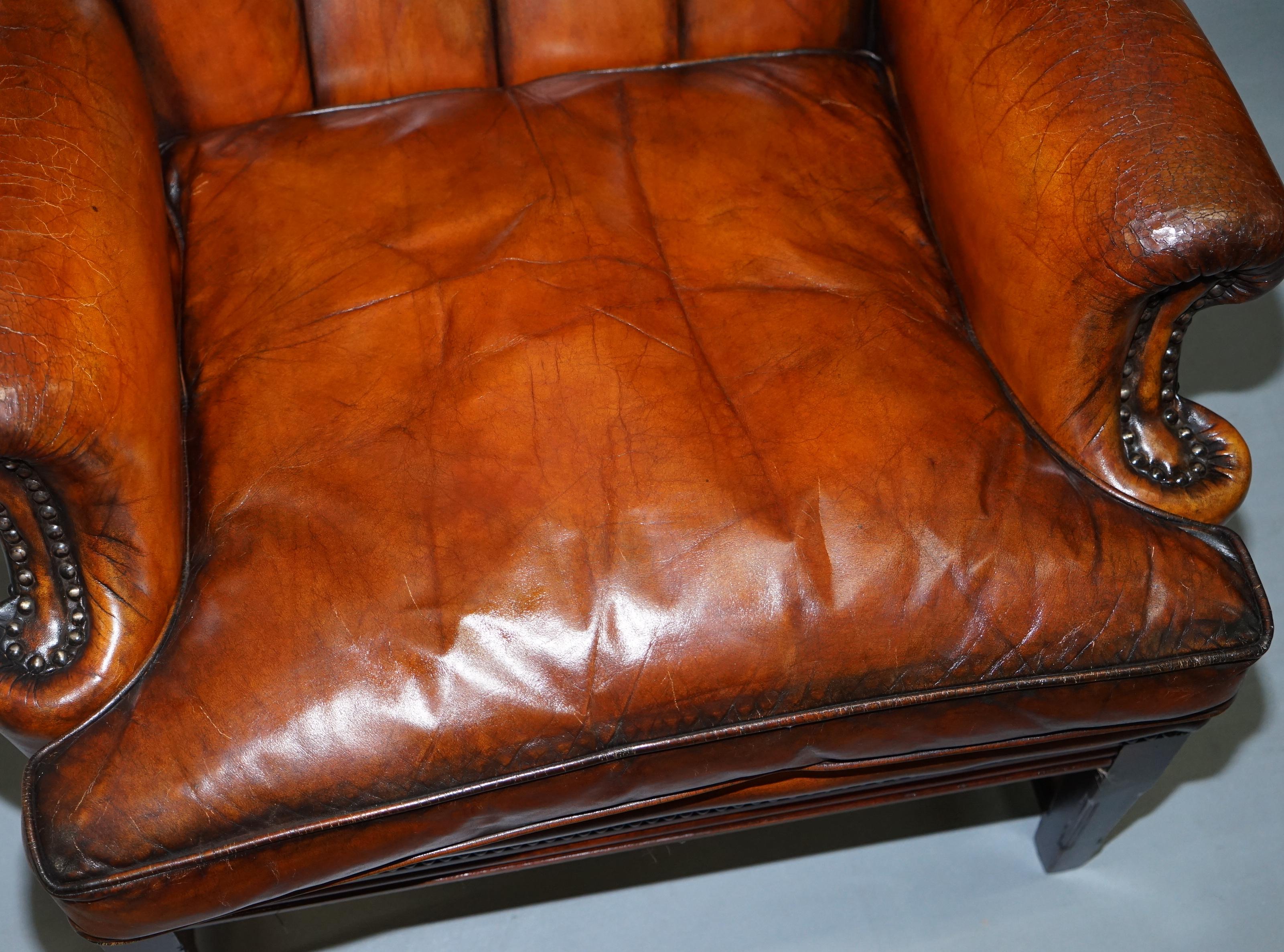 Mid-Century Modern Stunning Whisky Brown Leather Chesterfield Wingback Armchair Feather Cushion