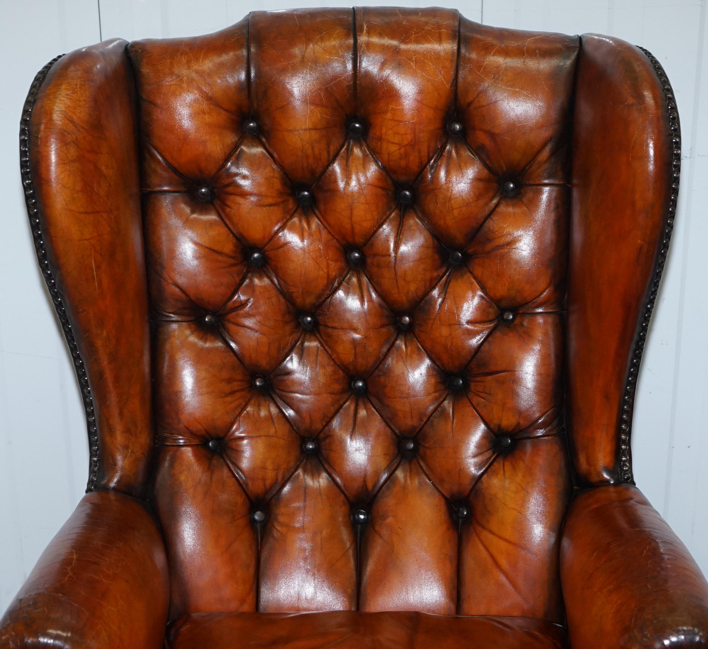 British Stunning Whisky Brown Leather Chesterfield Wingback Armchair Feather Cushion