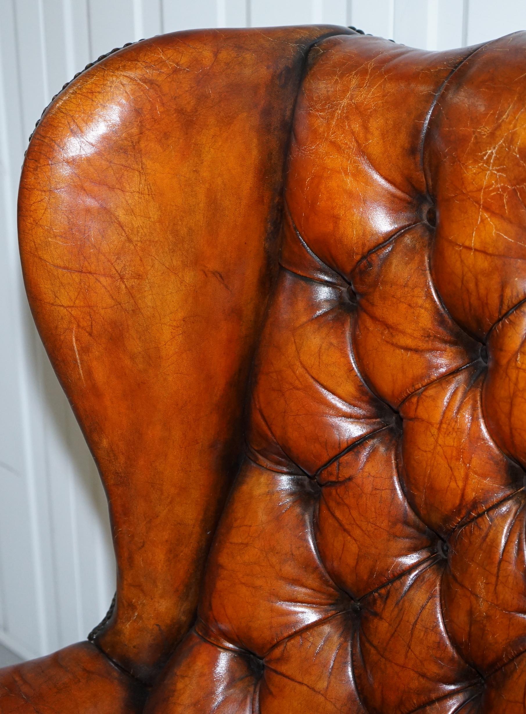 Hand-Carved Stunning Whisky Brown Leather Chesterfield Wingback Armchair Feather Cushion