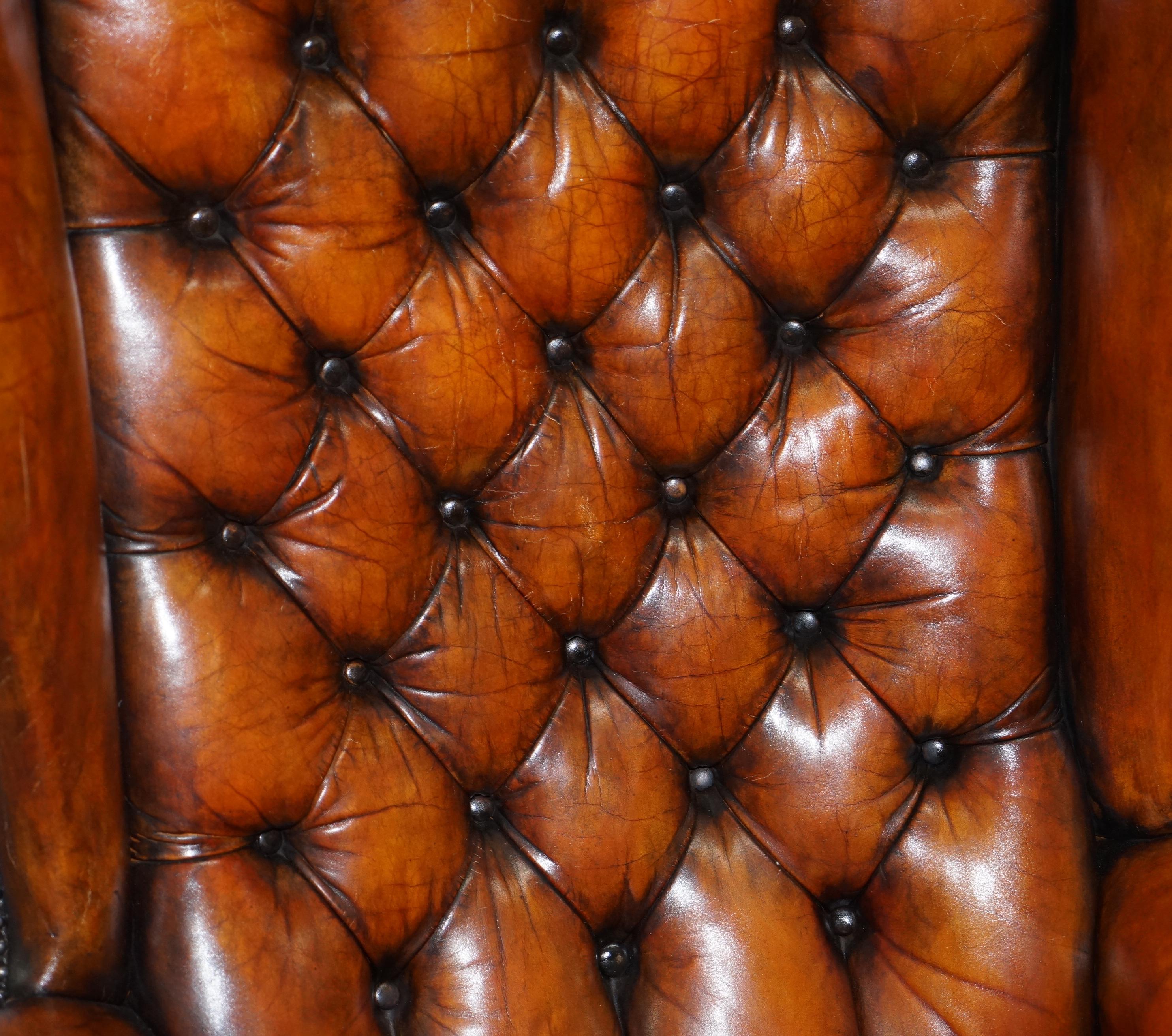 20th Century Stunning Whisky Brown Leather Chesterfield Wingback Armchair Feather Cushion