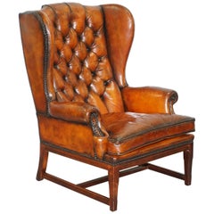 Vintage Stunning Whisky Brown Leather Chesterfield Wingback Armchair Feather Cushion
