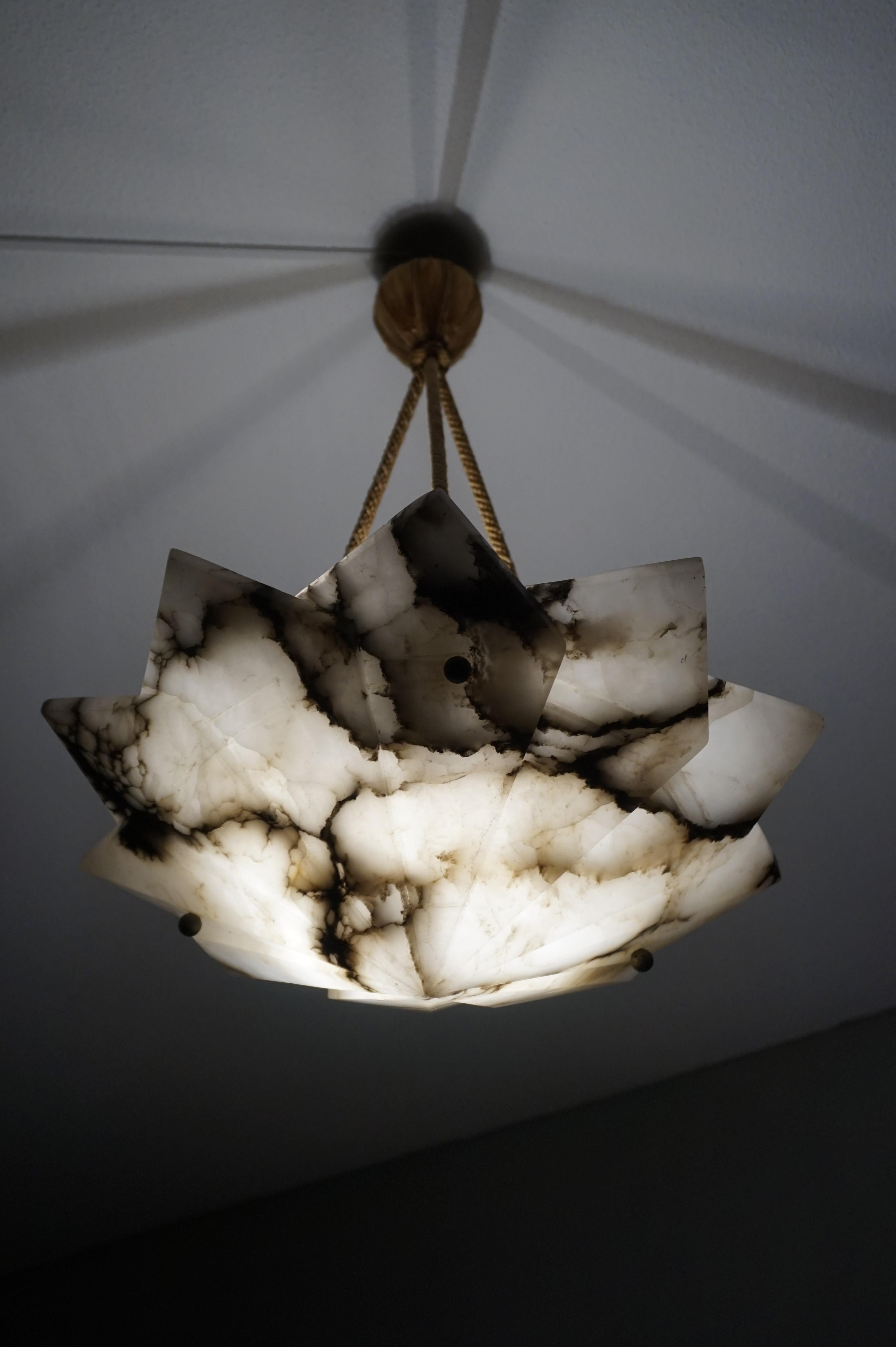 20th Century Stunning White & Black Veins Alabaster French Art Deco Pendant / Light Fixture