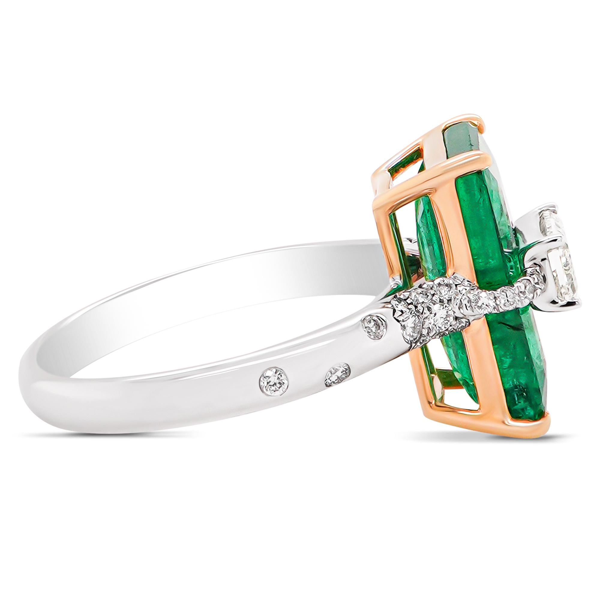 his extraordinary ring is a true testament to unique craftsmanship, featuring a 0.47-carat brilliant white diamond elegantly set atop a magnificent 4.28-carat emerald. The combination of the vibrant green emerald and the dazzling white diamond