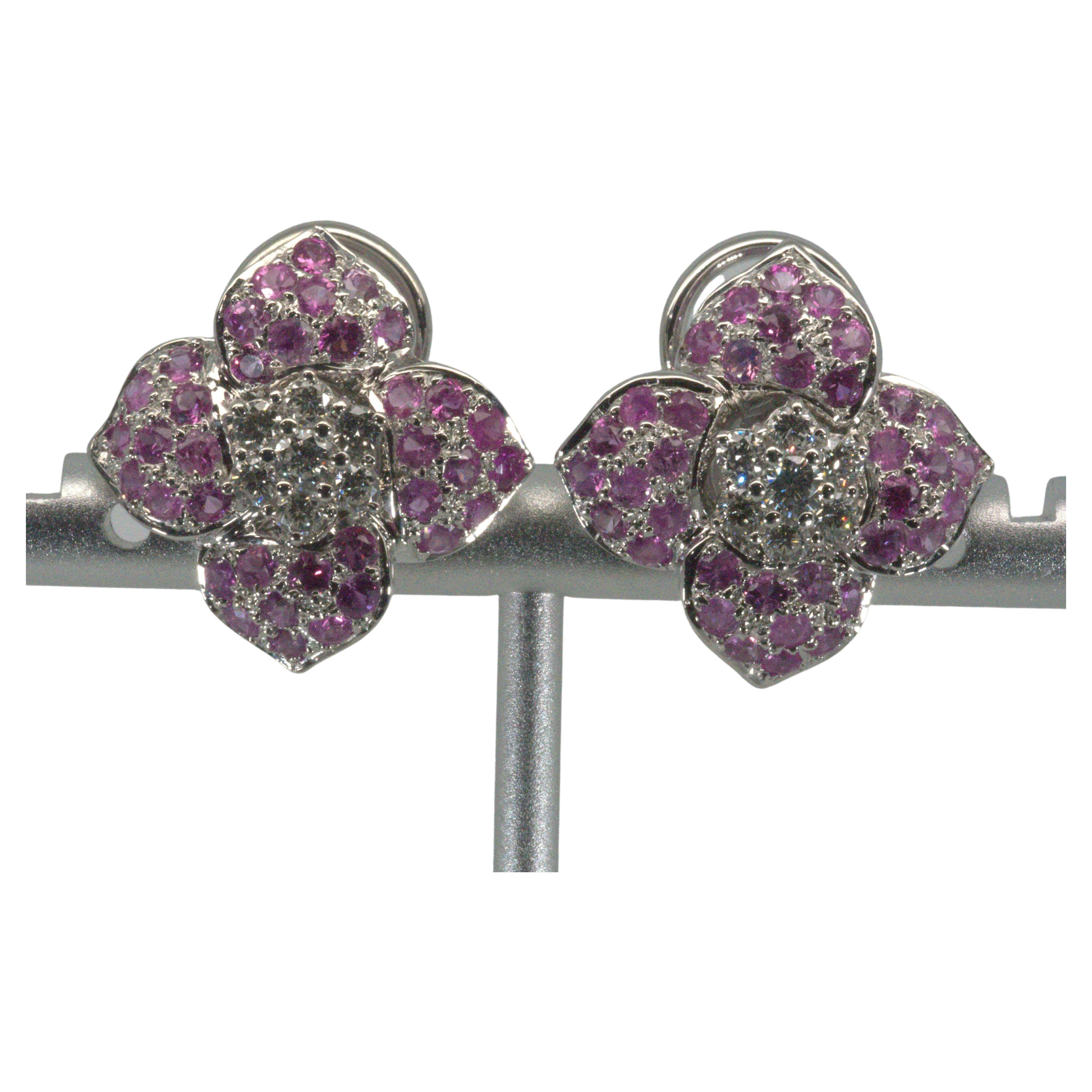 Stunning White Gold Flower Stud Earrings with 2.73 Natural Sapphire and Diamonds