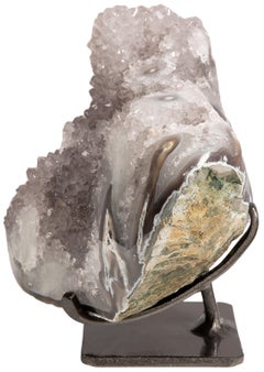 Stunning White Quartz with Grey/Brown Druze Stalactite Formations on Metal Stand