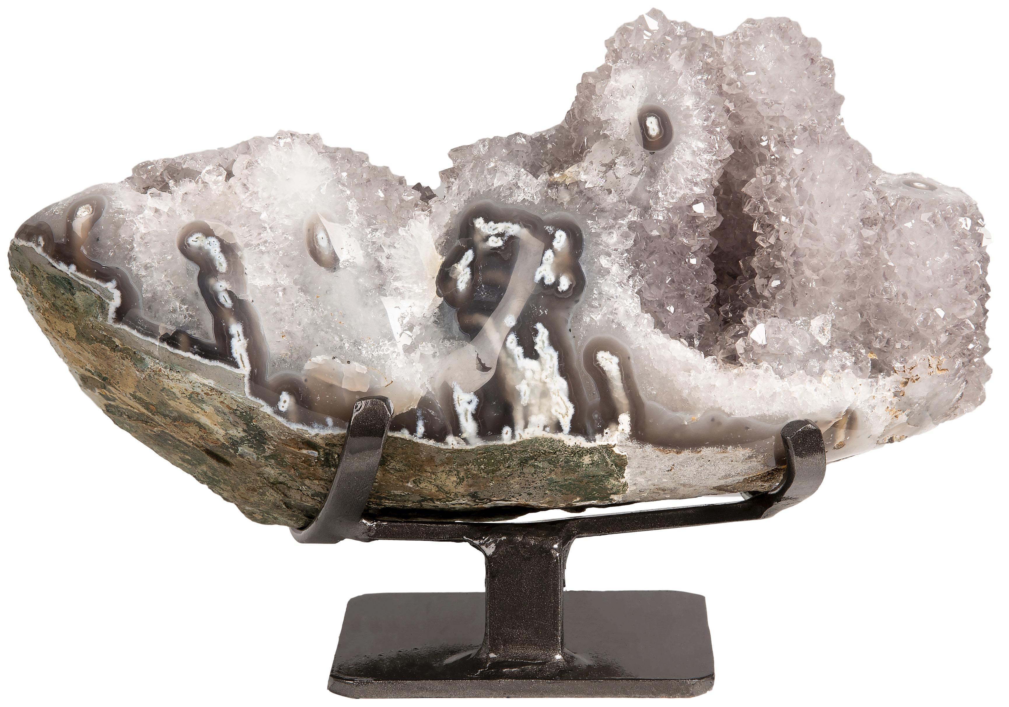Uruguayan Stunning White Quartz with Grey/Brown Druze Stalactite Formations on Metal Stand