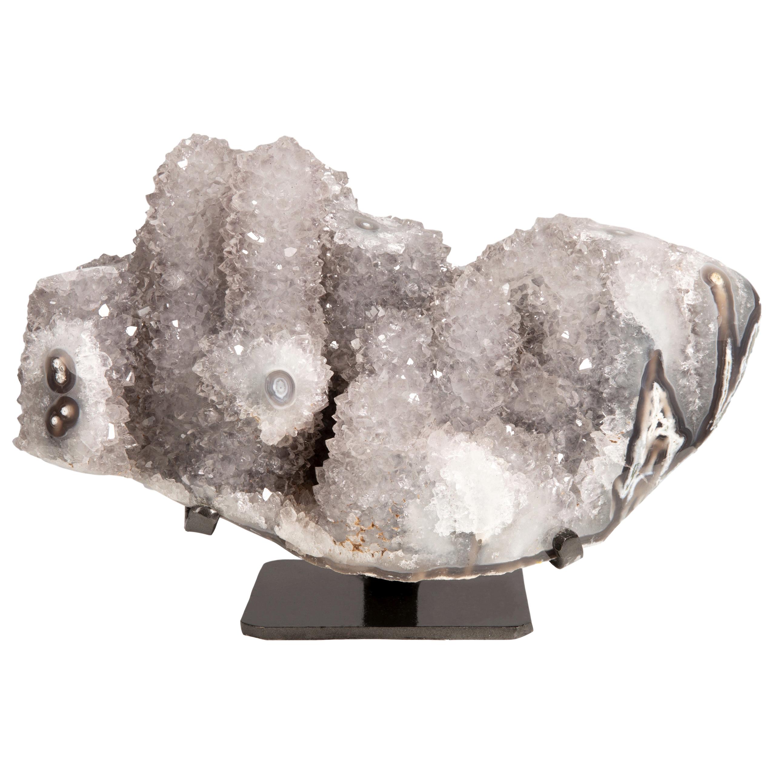 Stunning White Quartz with Grey/Brown Druze Stalactite Formations on Metal Stand