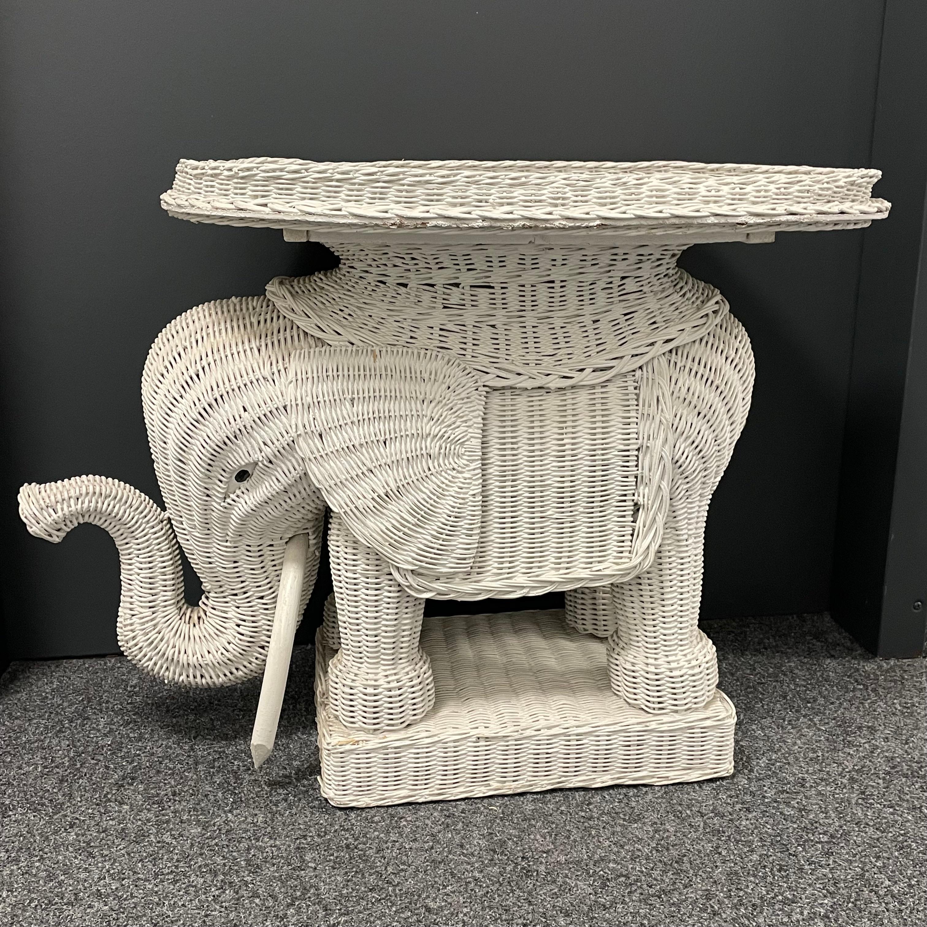Stunning White Rattan Wicker Elephant Side Table with Tray, France, 1960s 1