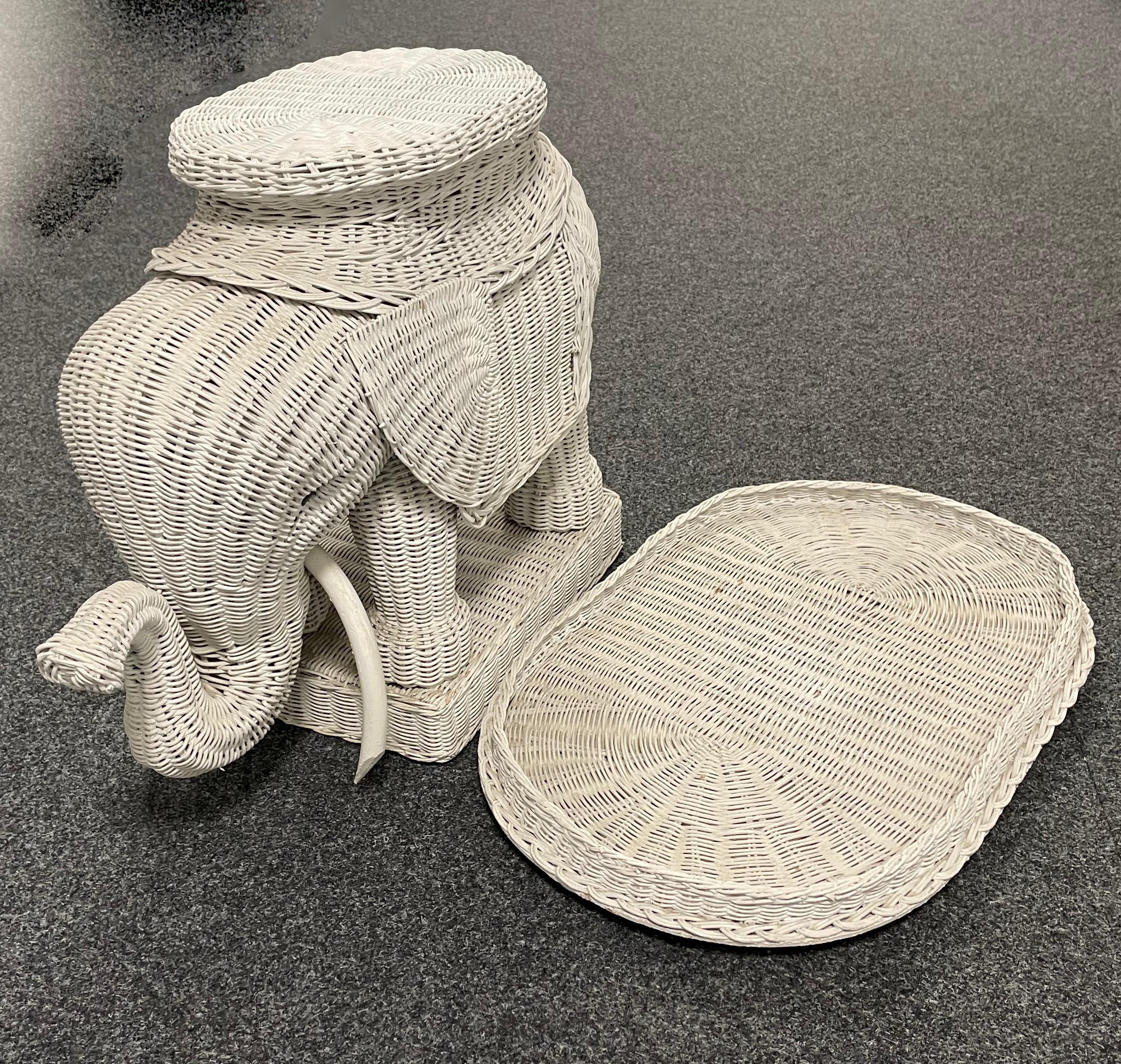 Stunning White Rattan Wicker Elephant Side Table with Tray, France, 1960s 5