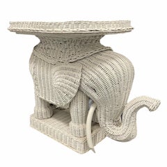 Stunning White Rattan Wicker Elephant Side Table with Tray, France, 1960s