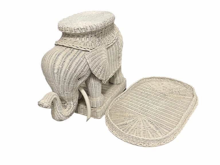 Stunning White Rattan Wicker Elephant Side Table with Tray, France