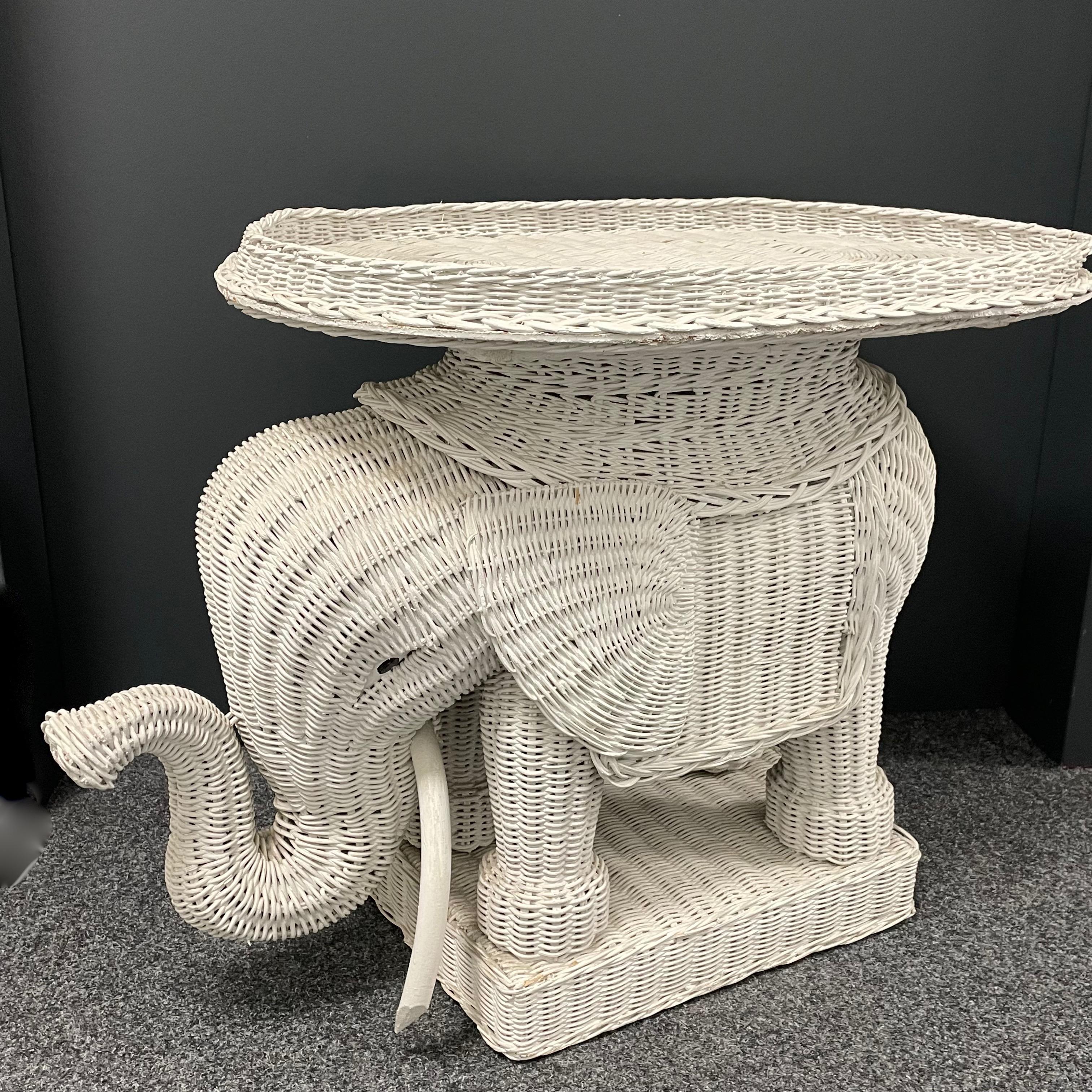 Hollywood Regency Stunning White Rattan Wicker Elephant Side Table with Tray, France, 1960s