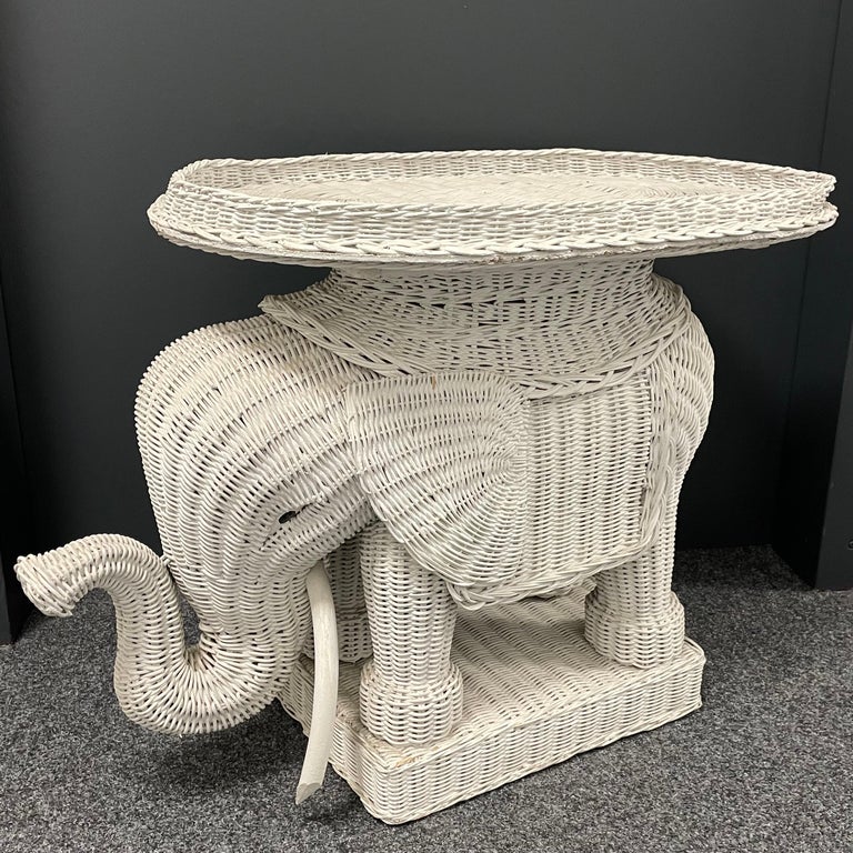 Stunning White Rattan Wicker Elephant Side Table with Tray, France
