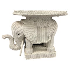Vintage Stunning White Rattan Wicker Elephant Side Table with Tray, France, 1960s