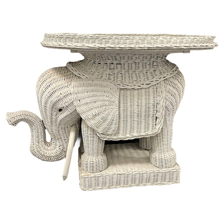 Stunning White Rattan Wicker Elephant Side Table with Tray, France