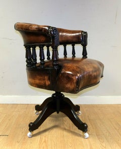 Stunning William iv Hardwood & Hand Dyed Leather Captain Swivel Armchair
