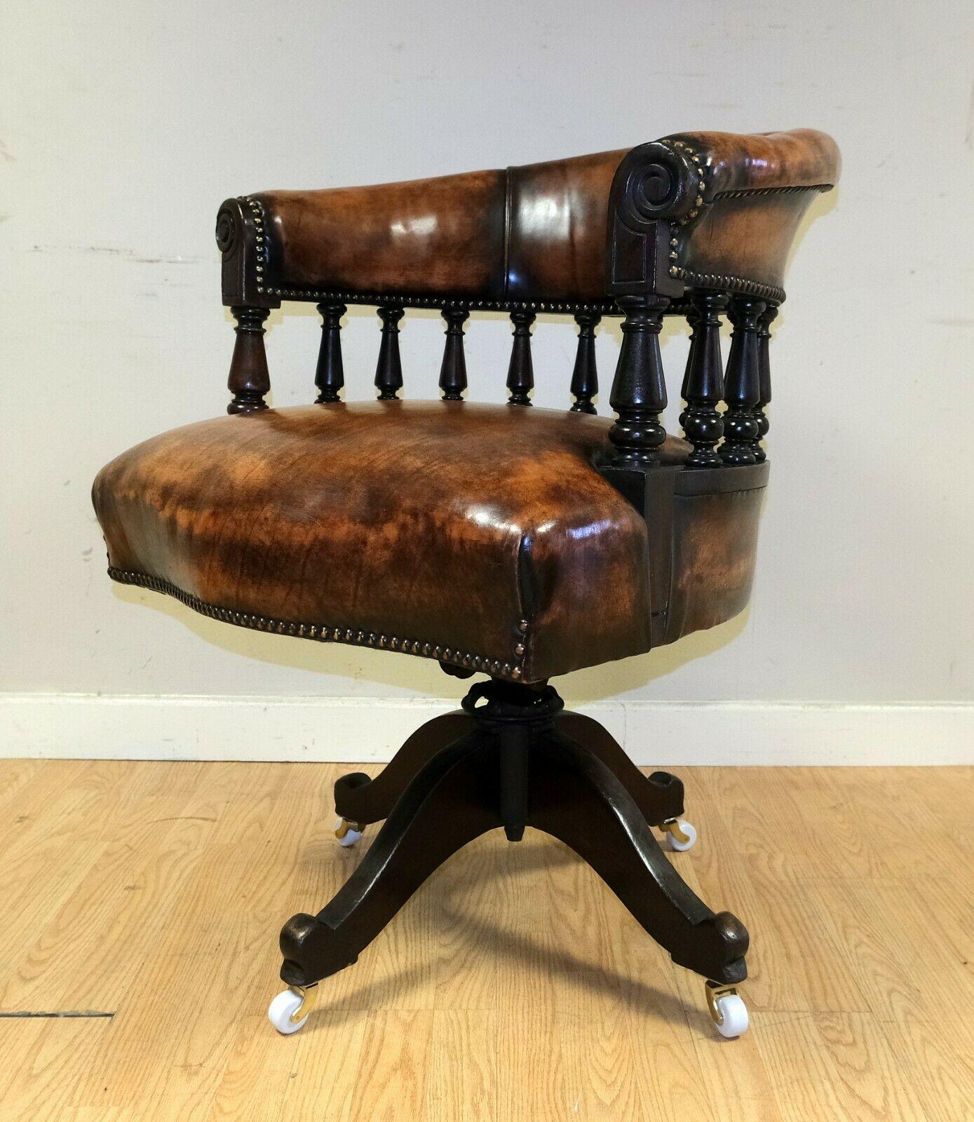 Hand-Crafted Stunning William iv Hardwood & Hand Dyed Leather Captain Swivel Armchair