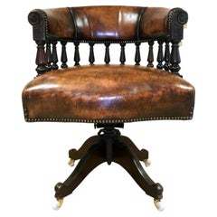 Antique Stunning William iv Hardwood & Hand Dyed Leather Captain Swivel Armchair