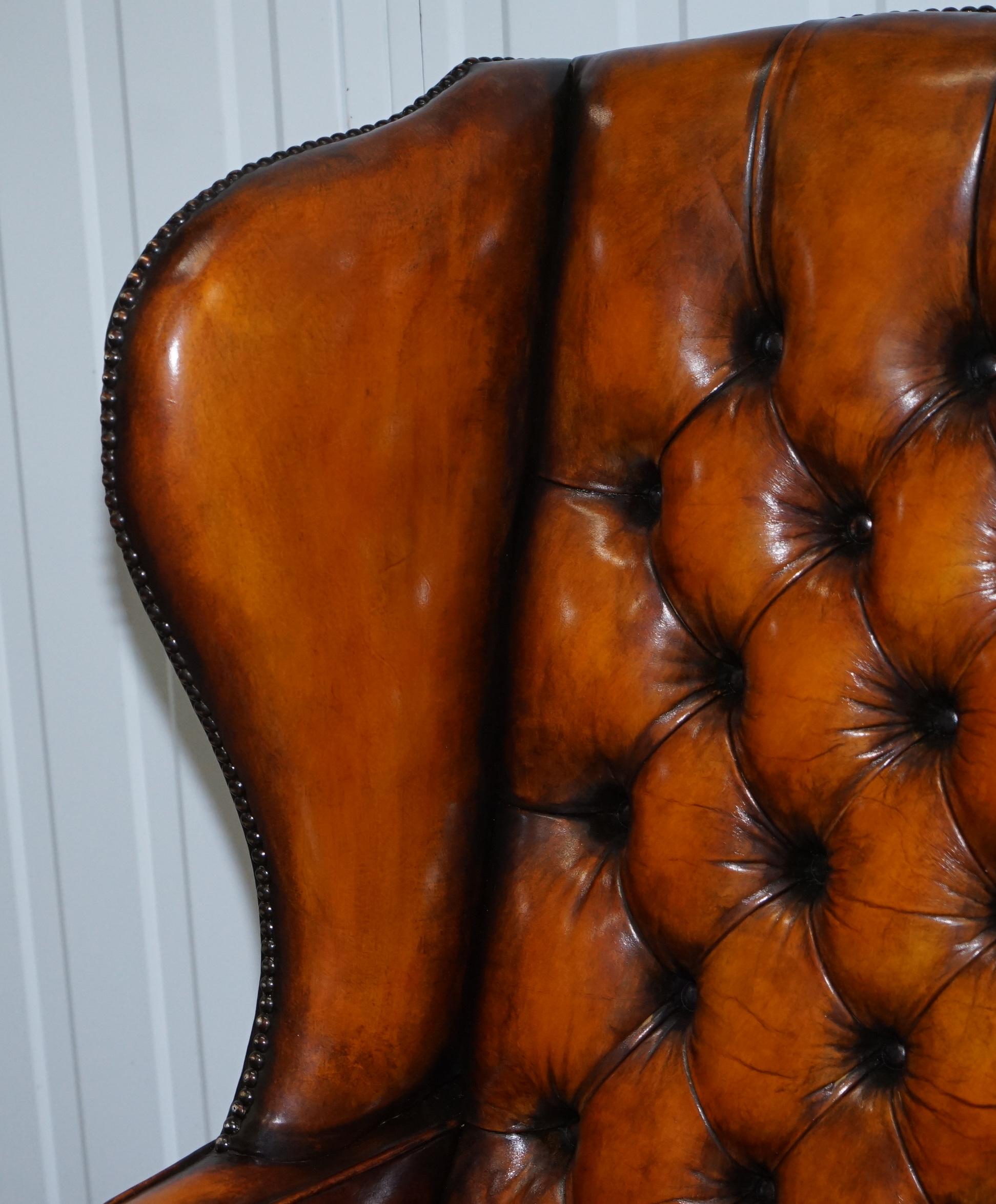 Victorian Stunning William Morris Whisky Brown Leather Chesterfield Wingback Armchair