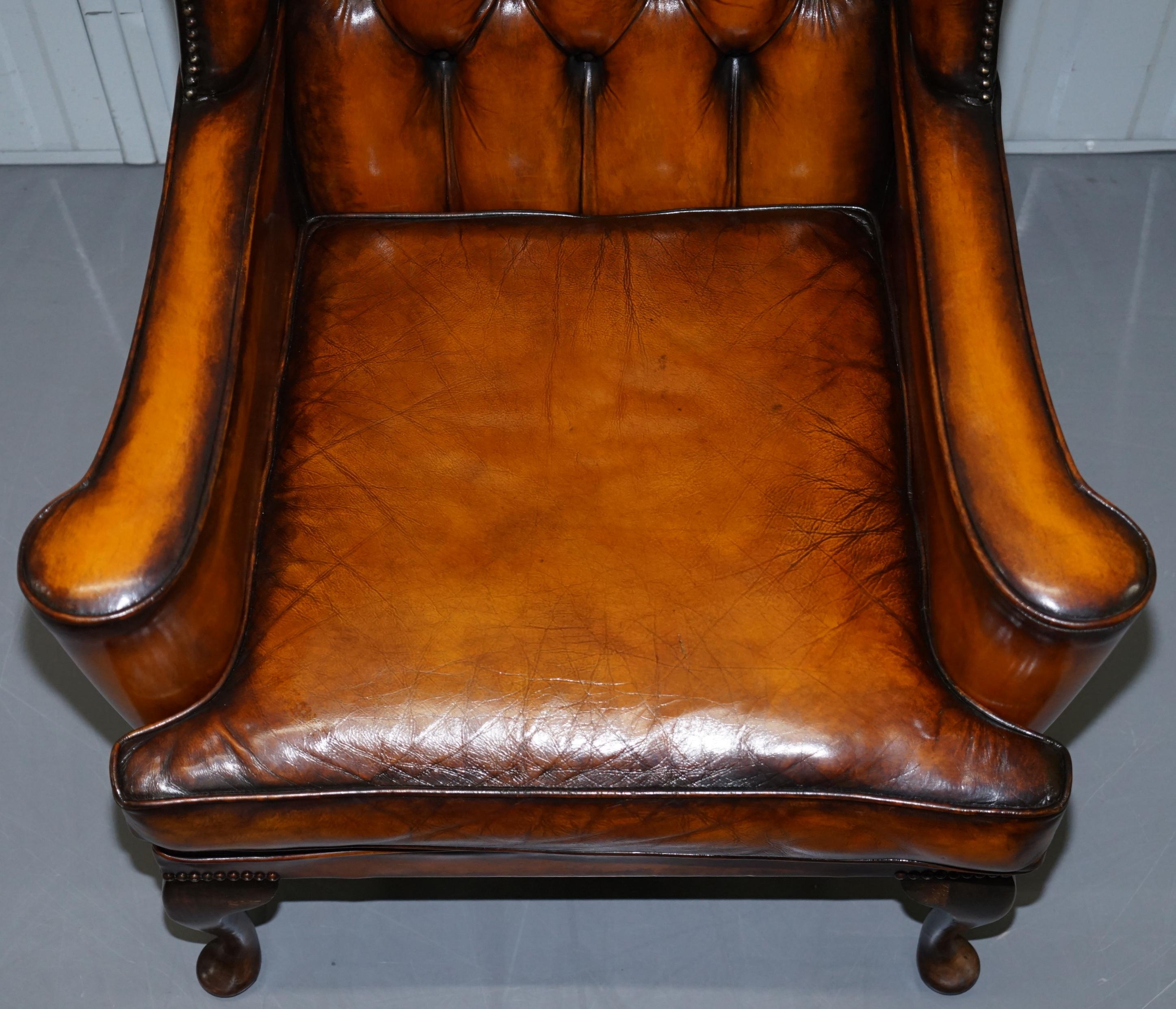 English Stunning William Morris Whisky Brown Leather Chesterfield Wingback Armchair