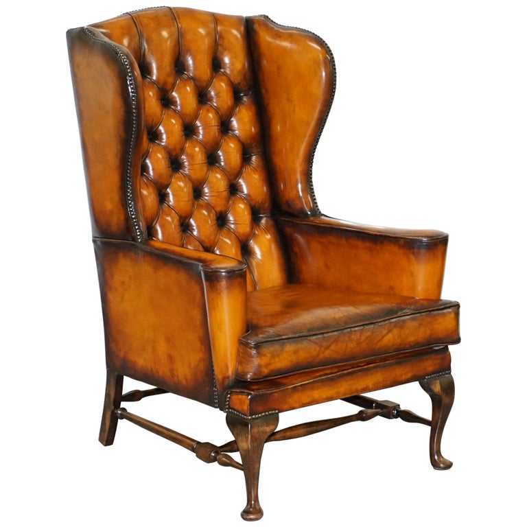 Stunning William Morris Whisky Brown Leather Chesterfield Wingback Armchair  at 1stDibs