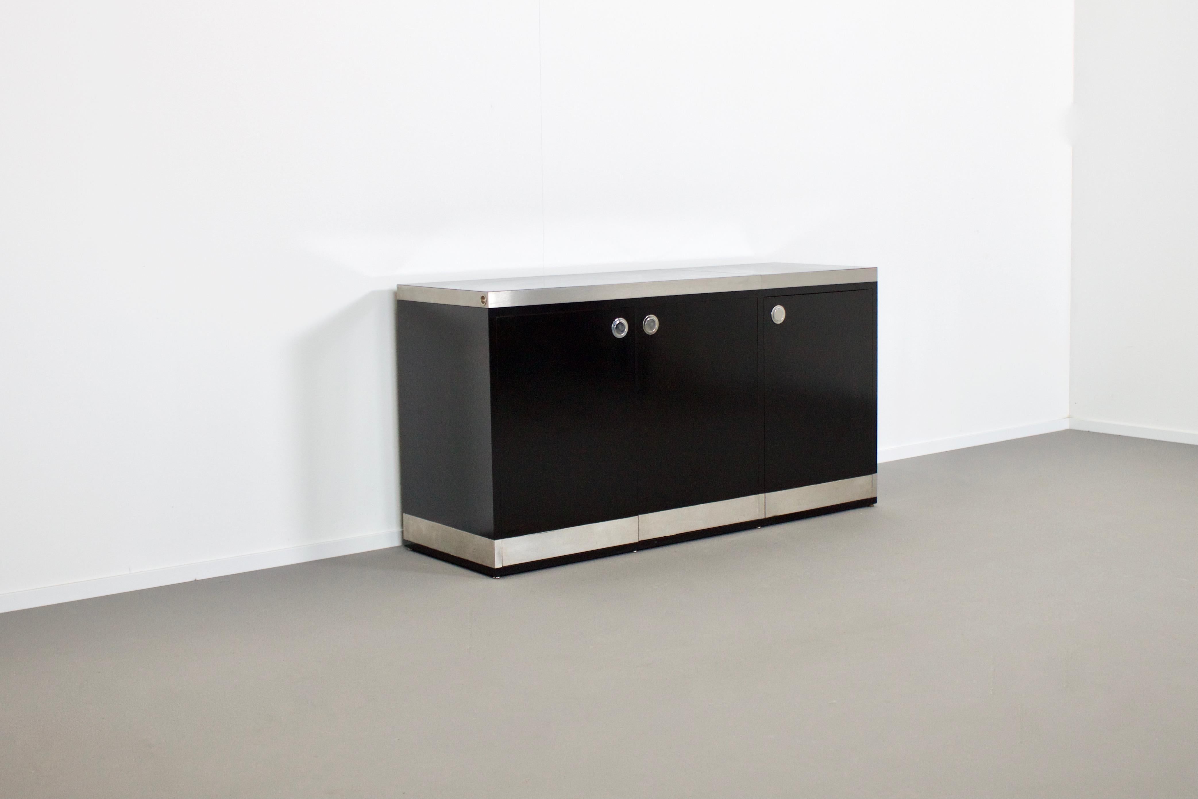 Hollywood Regency Stunning Willy Rizzo Bar / Sideboard in Black and Stainless Steel, Italy, 1969