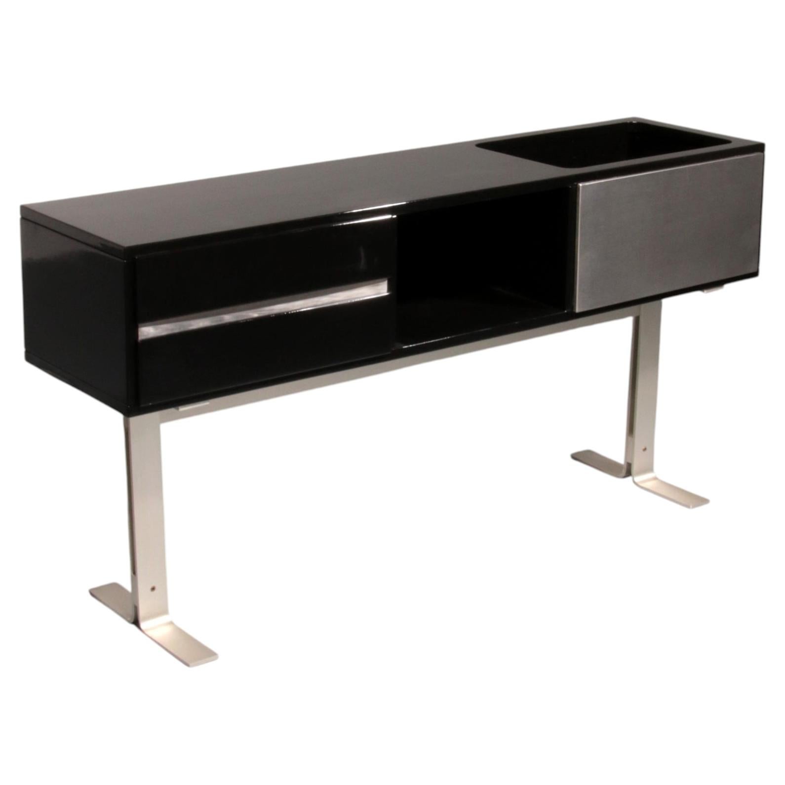 Stunning Willy Rizzo Bar / Sideboard in Black & Stainless Steel, Italy 1969 For Sale