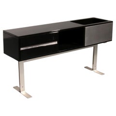 Superbe bar / buffet Willy Rizzo en noir et acier inoxydable, Italie 1969