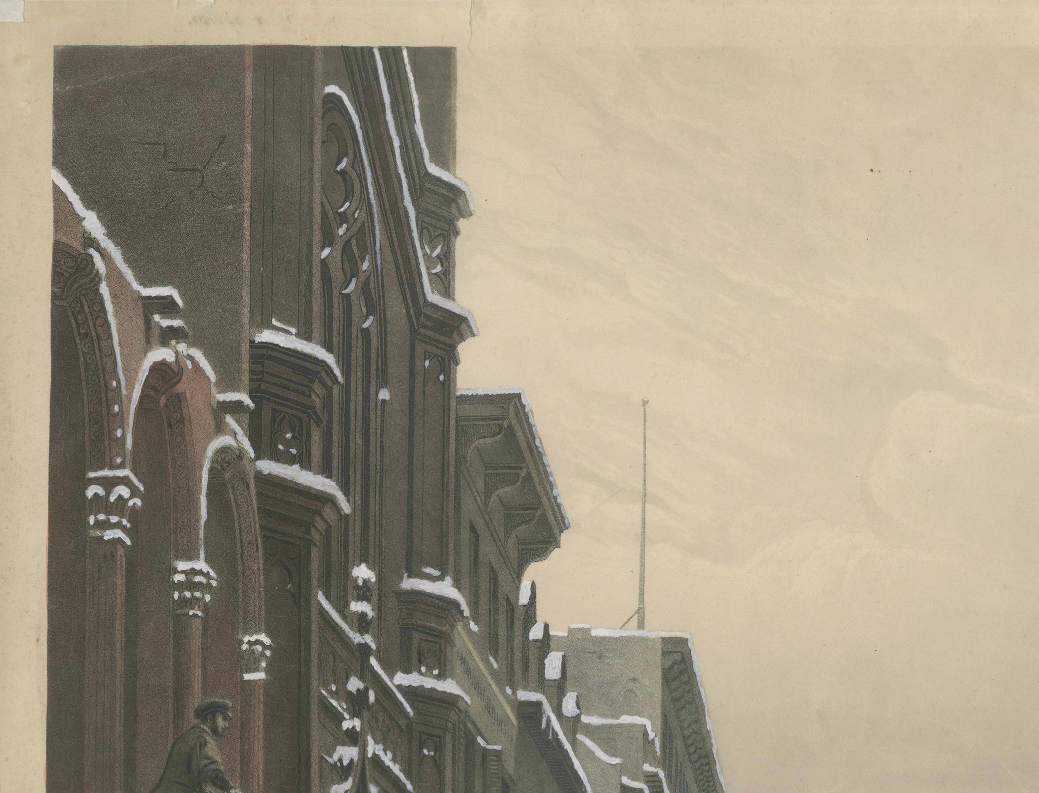 Titel: Atemberaubende Winterszene am Broadway, New York - Handkolorierte Aquatinta von 1857  

Beschreibung:  

Dieser Aquatintastich mit Handkolorierung von Paul Girardet nach Hippolyte Victor Sebron fängt die pulsierende Energie des Broadway in