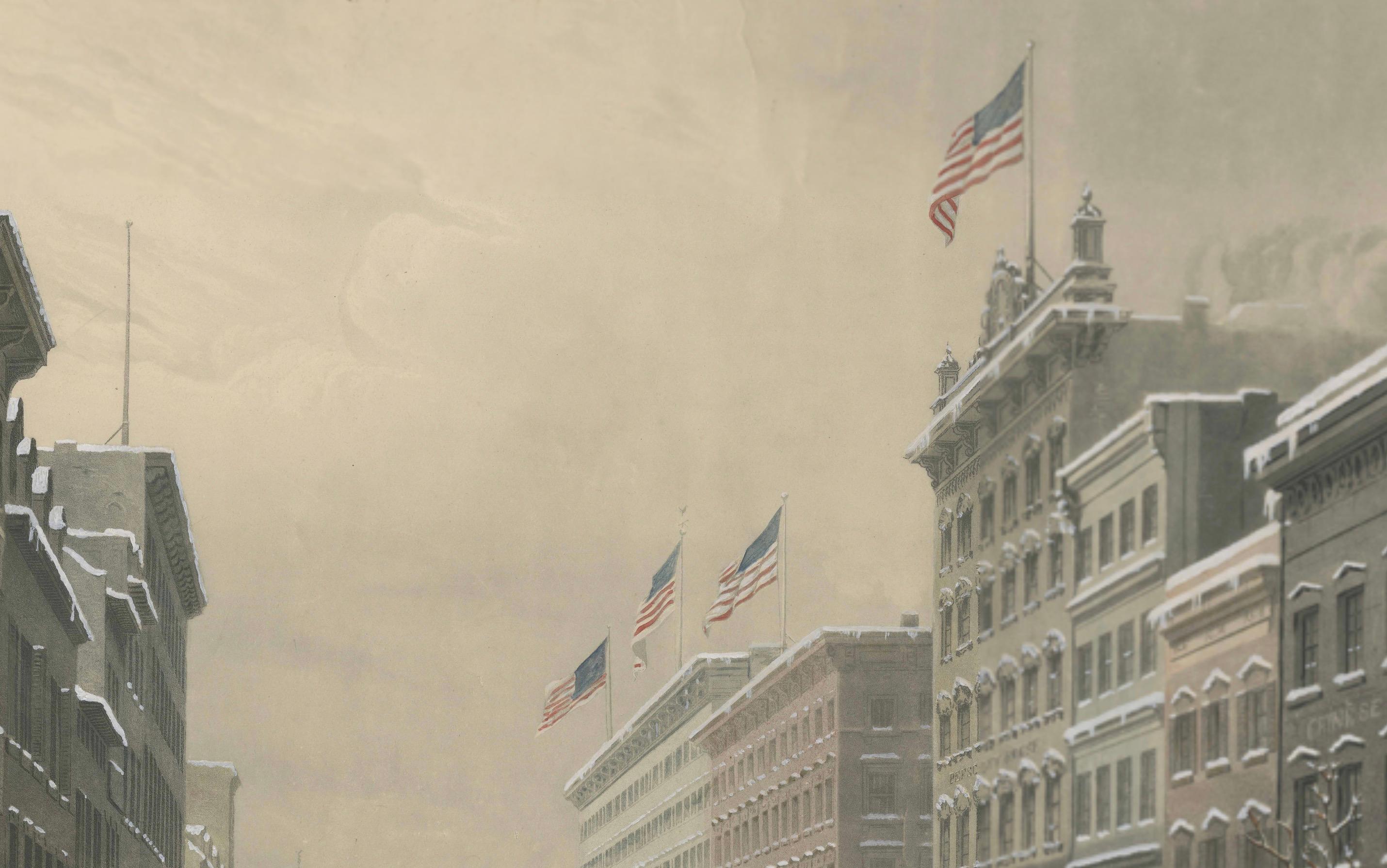 Atemberaubende Winterszene am Broadway, New York – handkolorierte Aquatinta von 1857 im Zustand „Gut“ im Angebot in Langweer, NL