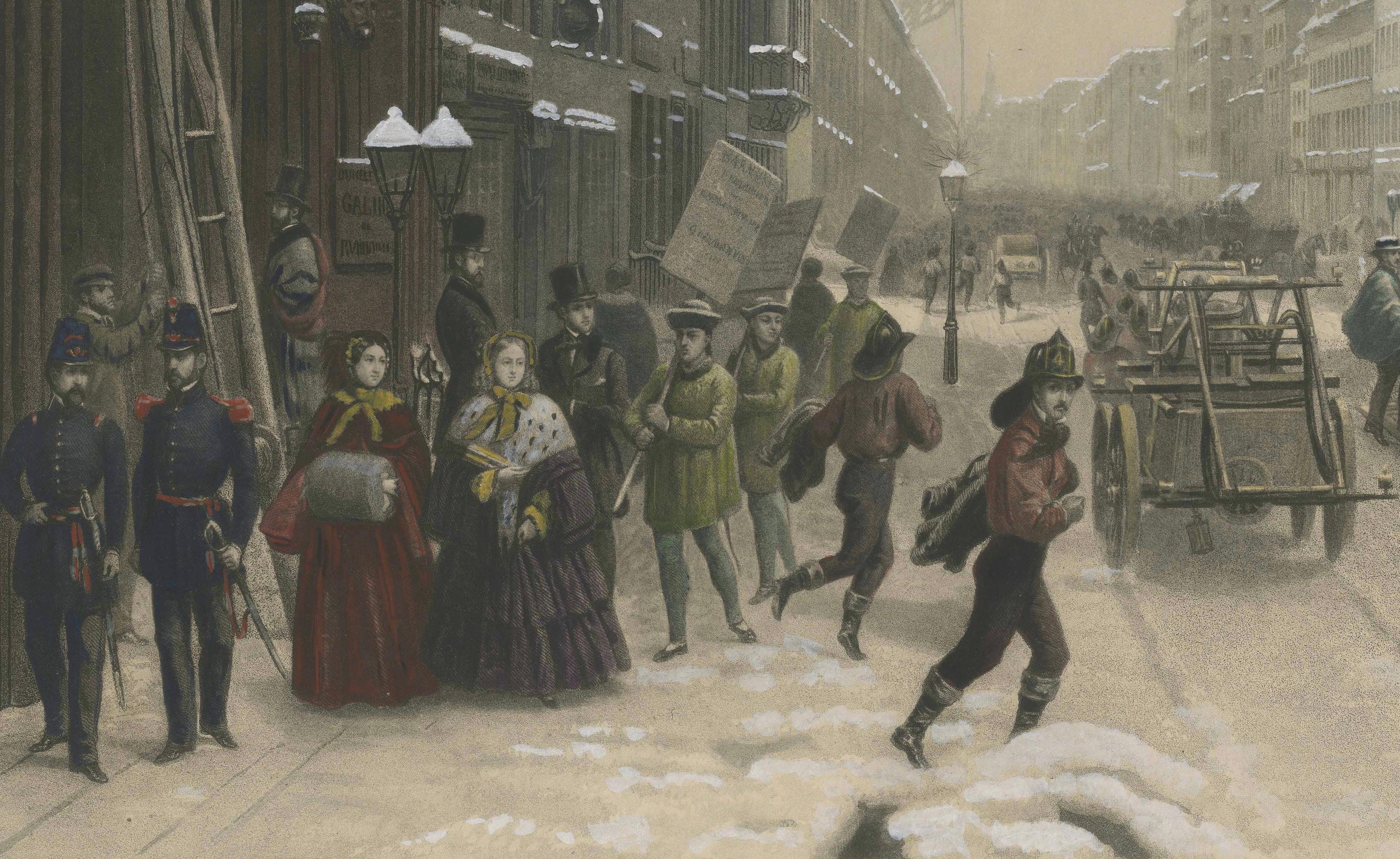 Atemberaubende Winterszene am Broadway, New York – handkolorierte Aquatinta von 1857 (Mittleres 19. Jahrhundert) im Angebot