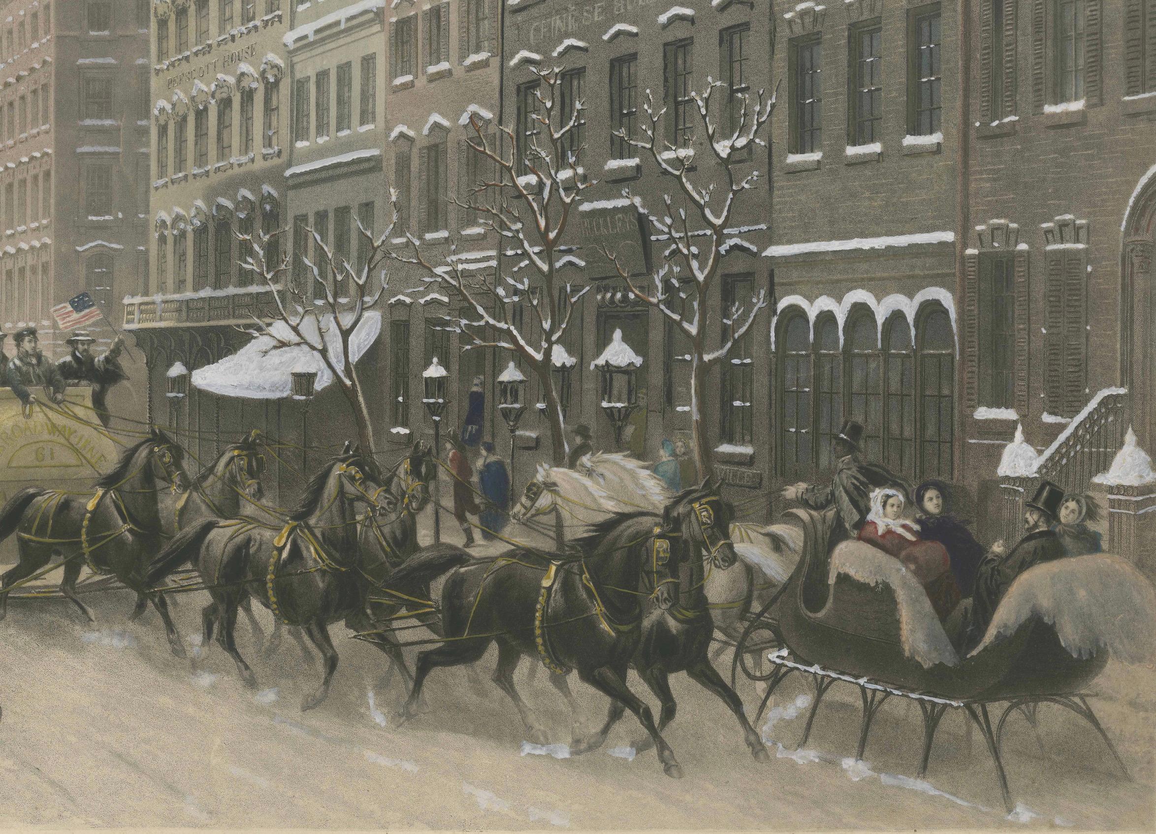 Atemberaubende Winterszene am Broadway, New York – handkolorierte Aquatinta von 1857 (Papier) im Angebot