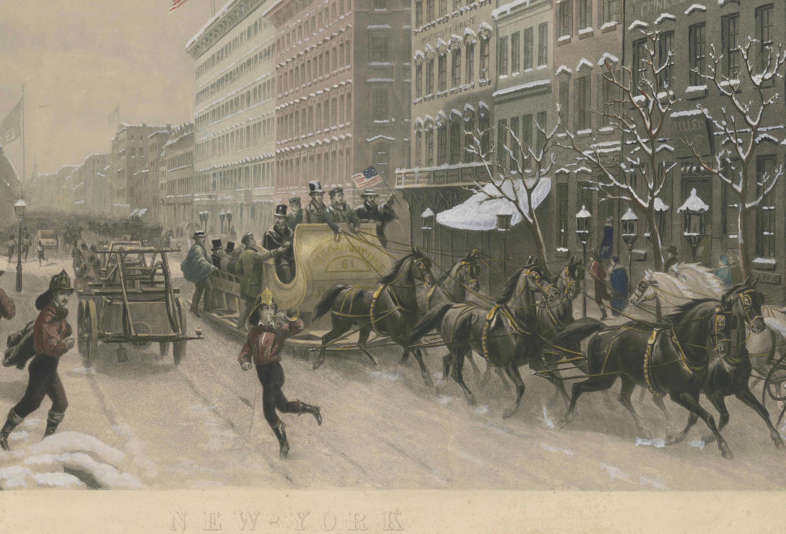Atemberaubende Winterszene am Broadway, New York – handkolorierte Aquatinta von 1857 im Angebot 1