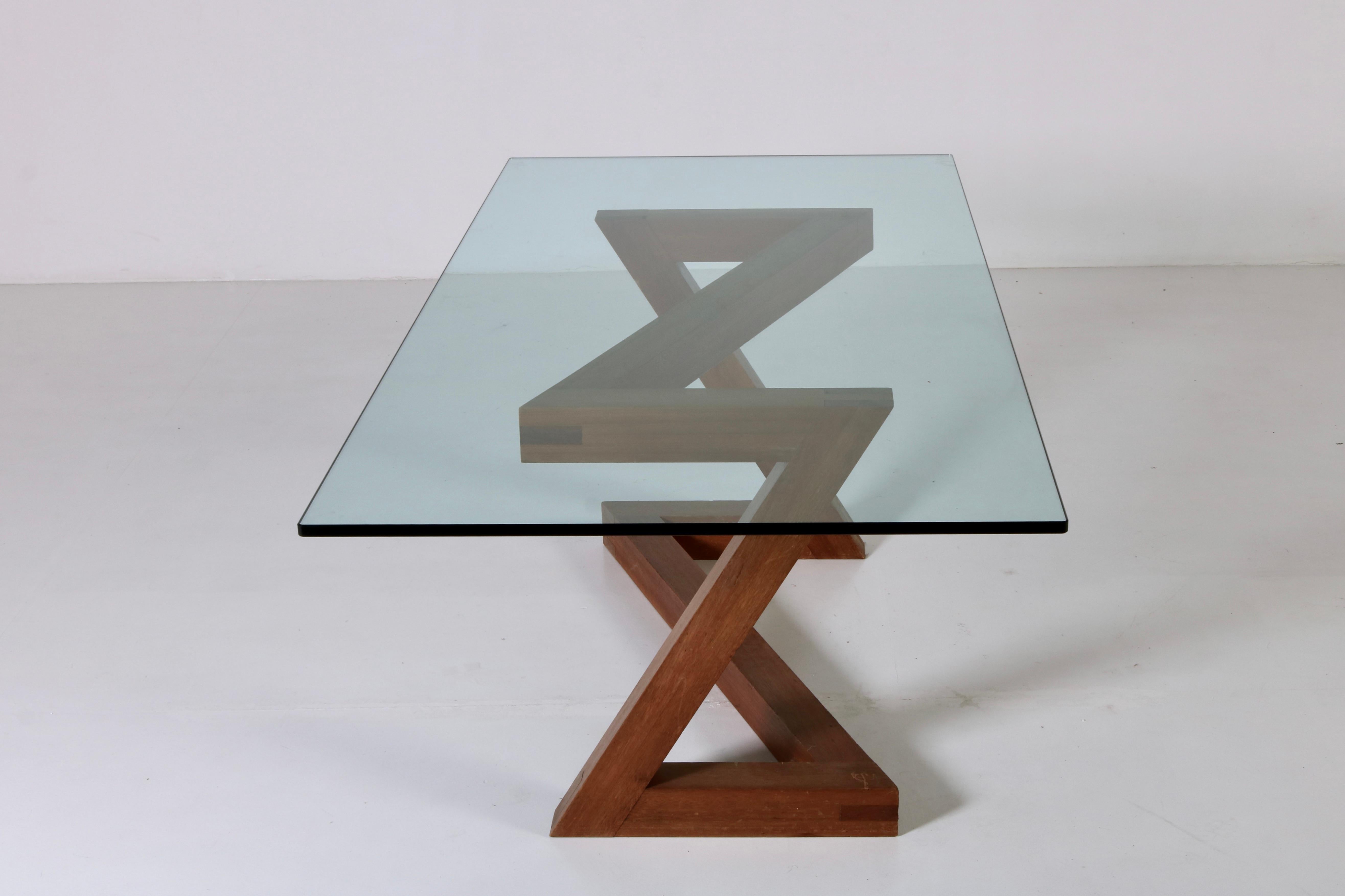 Stunning Wood Base Dinner Table with Crystal top,  Italian Design, 70s In Good Condition For Sale In Milan, IT