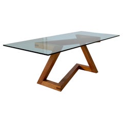 Superbe table de salle à manger en bois avec plateau en cristal,  Design italien, années 70