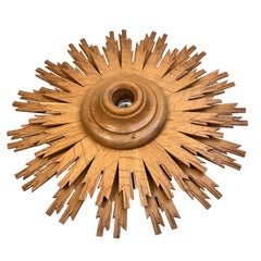 Stunning Wooden Starburst Sunburst Flush Mount Ceiling Light Fixture, 1960s