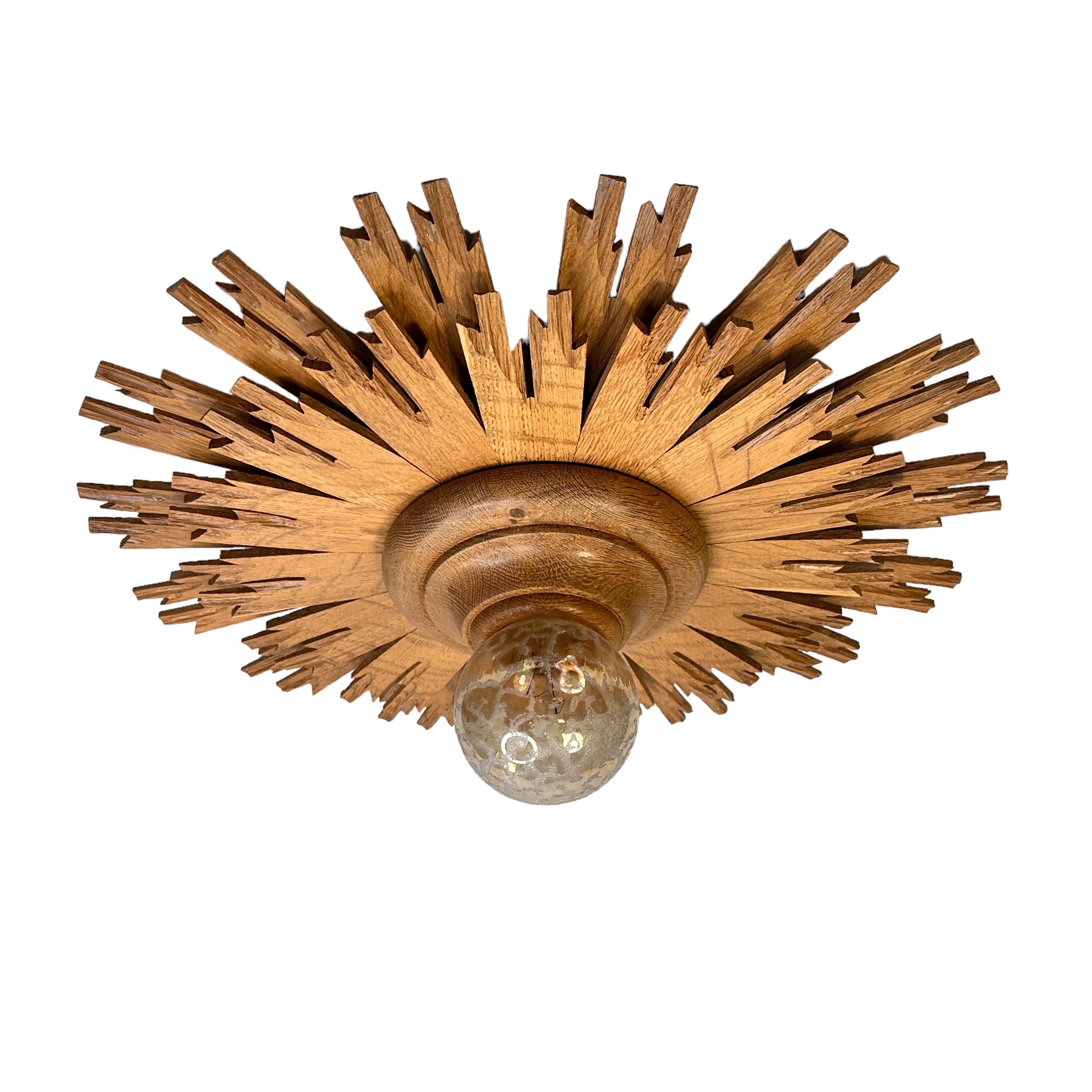 German Stunning Wooden Starburst Sunburst Flush Mount Ceiling Light Fixture, 1960s