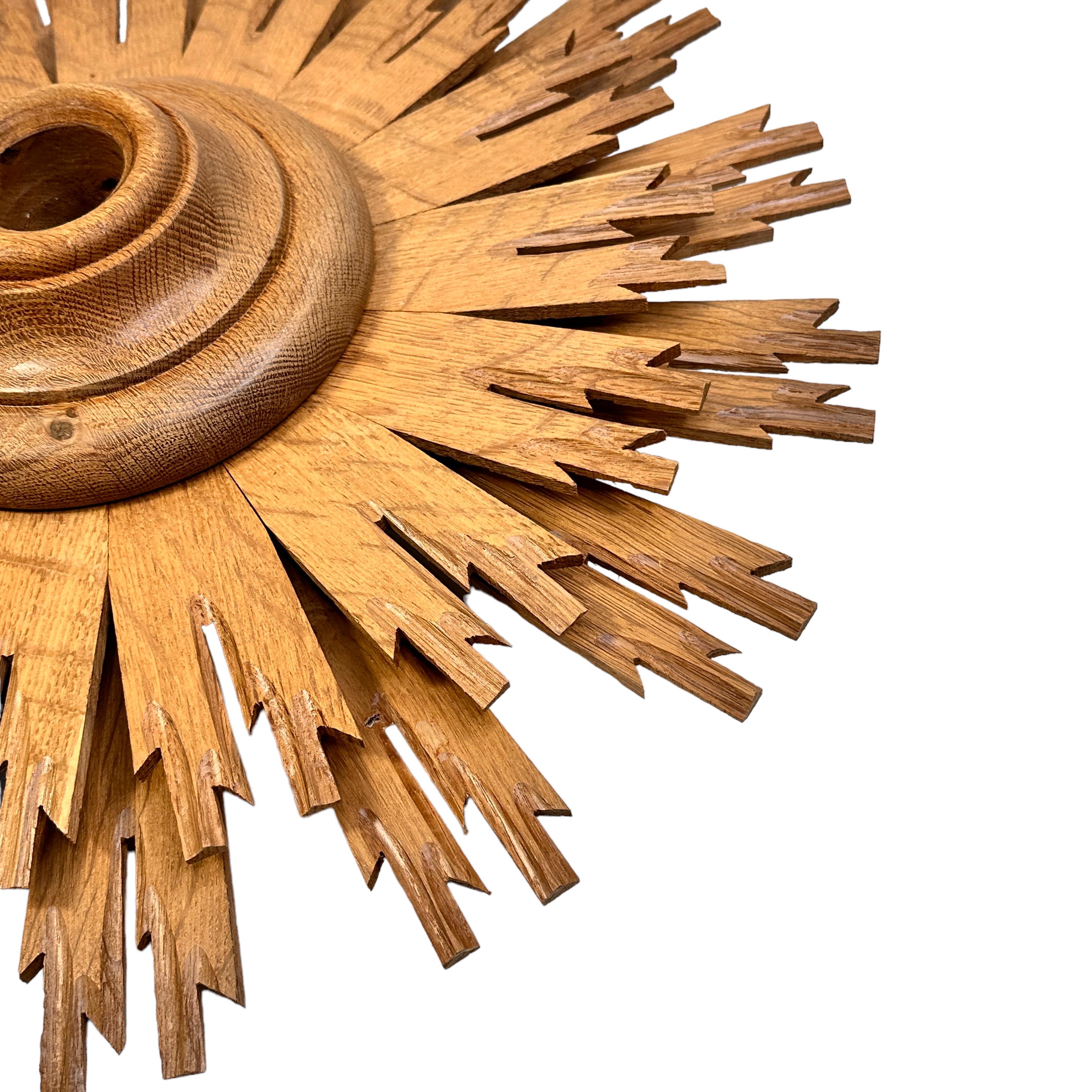 Hand-Carved Stunning Wooden Starburst Sunburst Flush Mount Ceiling Light Fixture, 1960s