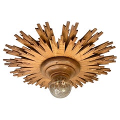 Stunning Wooden Starburst Sunburst Flush Mount Ceiling Light Fixture, 1960s