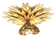 Stunning Wooden Starburst Sunburst Flush Mount Ceiling Light Fixture, 1980s