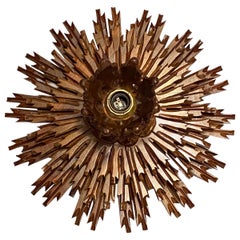 Stunning Wooden Starburst Sunburst Flush Mount Ceiling Light Fixture, 1980s