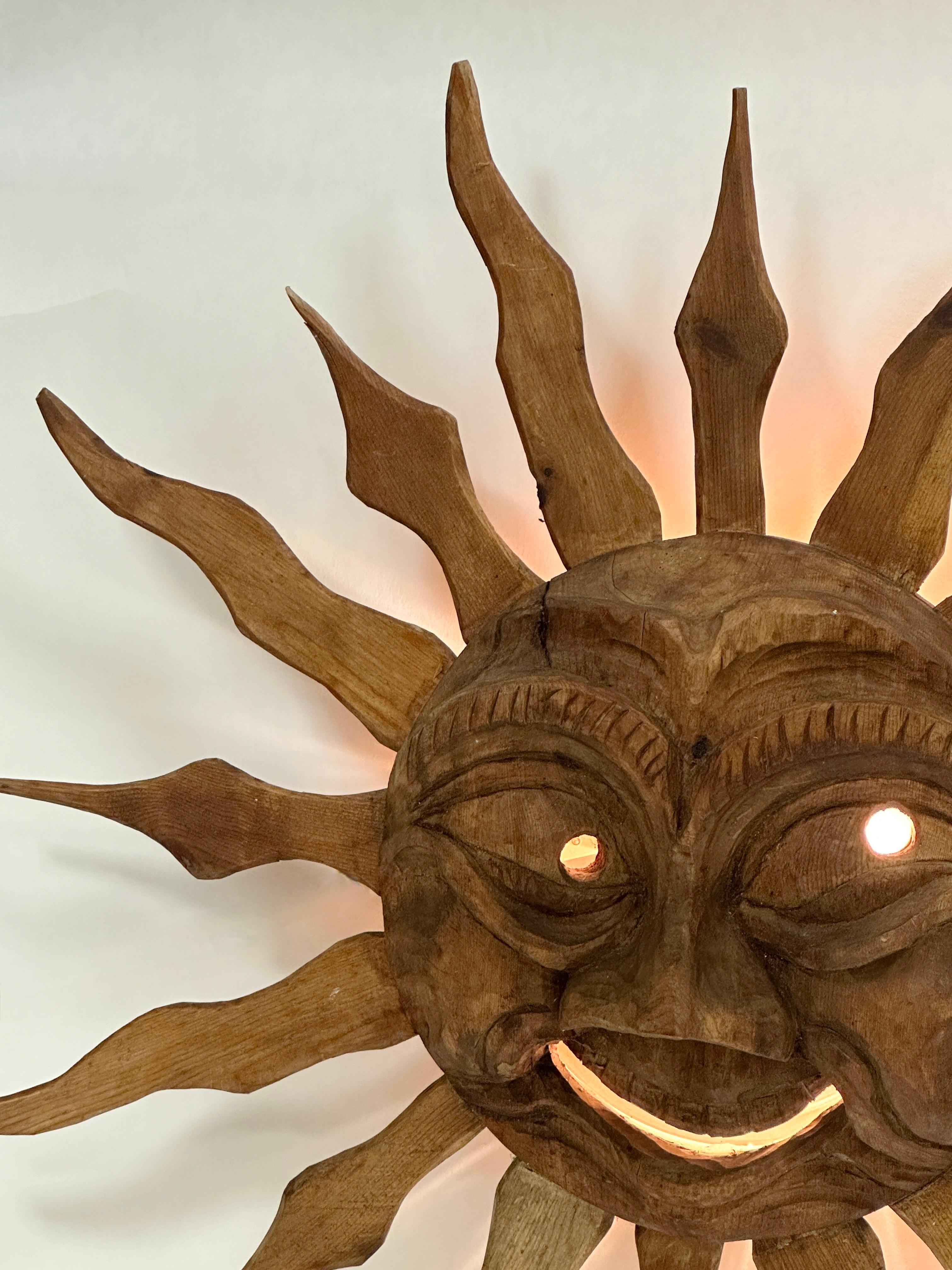 Stunning Wood Carved Sun Face Sunburst Wall Light Sculpture 1950s For Sale 2