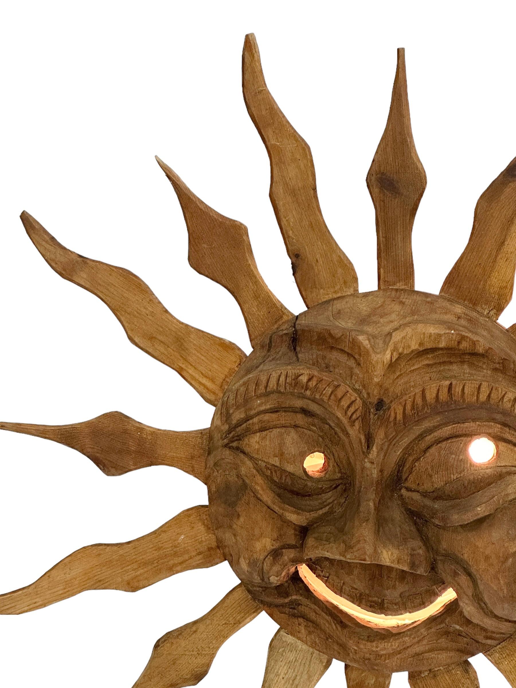 Stunning Wood Carved Sun Face Sunburst Wall Light Sculpture 1950s For Sale 3
