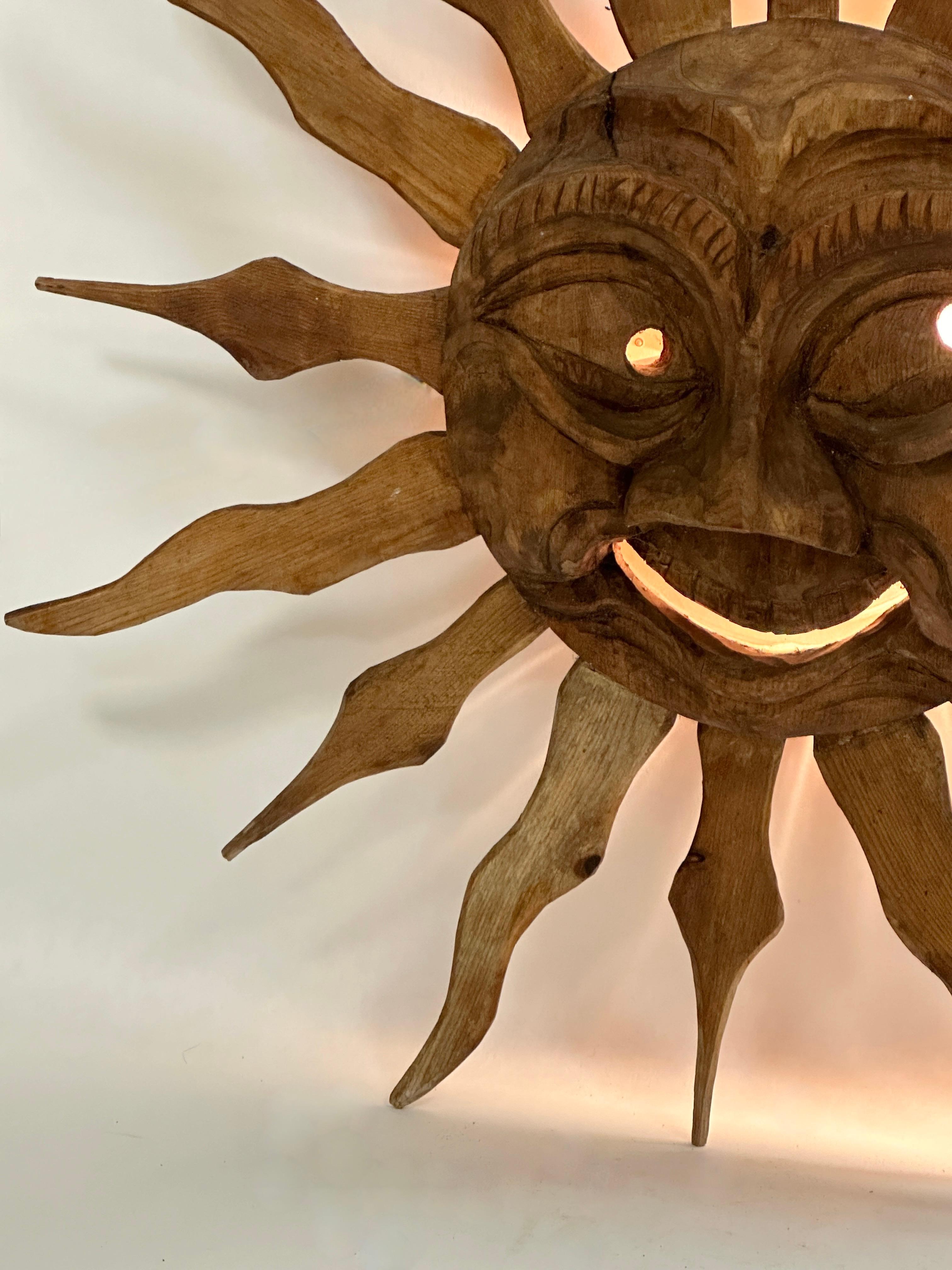 Stunning Wood Carved Sun Face Sunburst Wall Light Sculpture 1950s For Sale 4