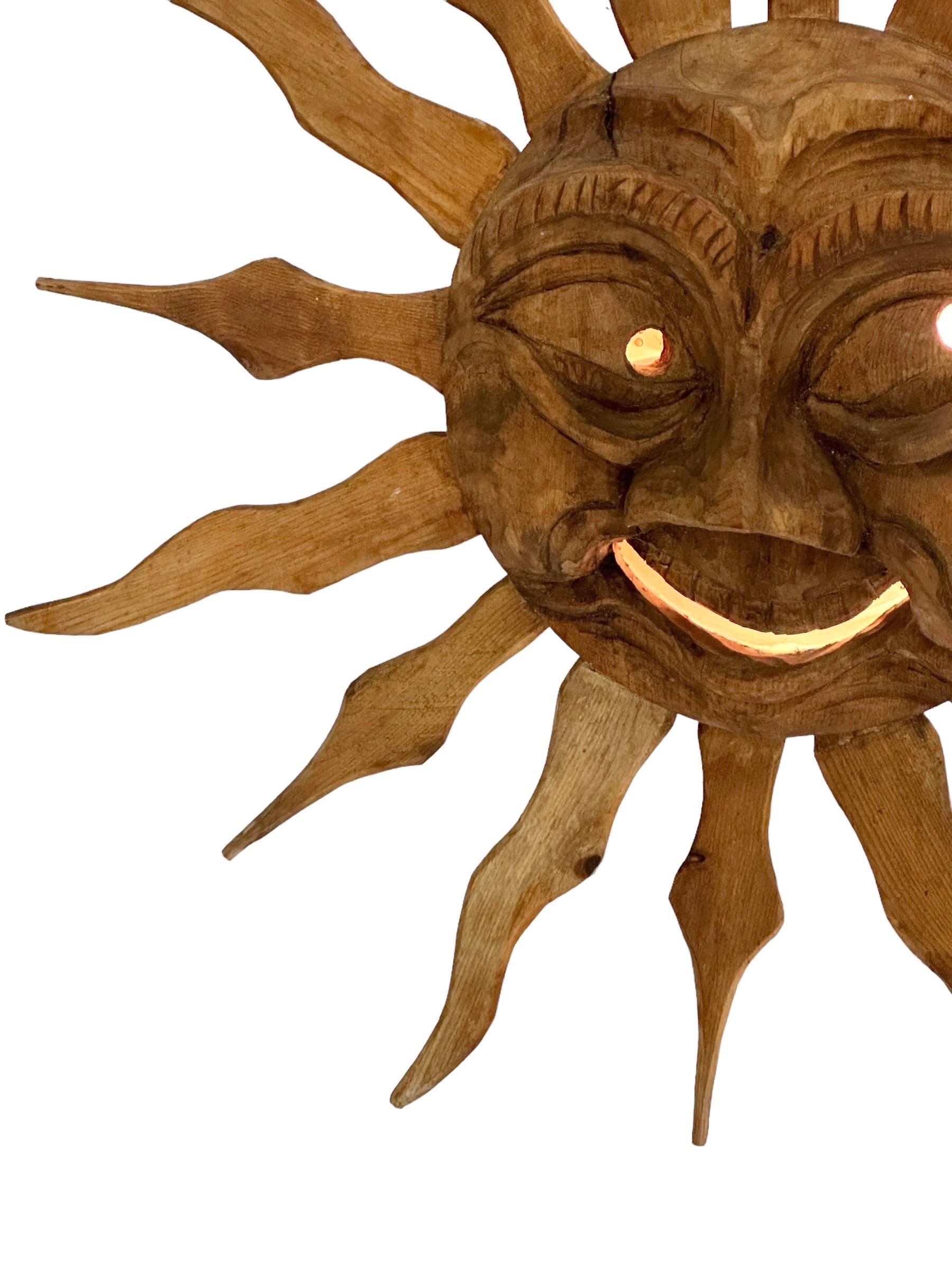 Stunning Wood Carved Sun Face Sunburst Wall Light Sculpture 1950s For Sale 5