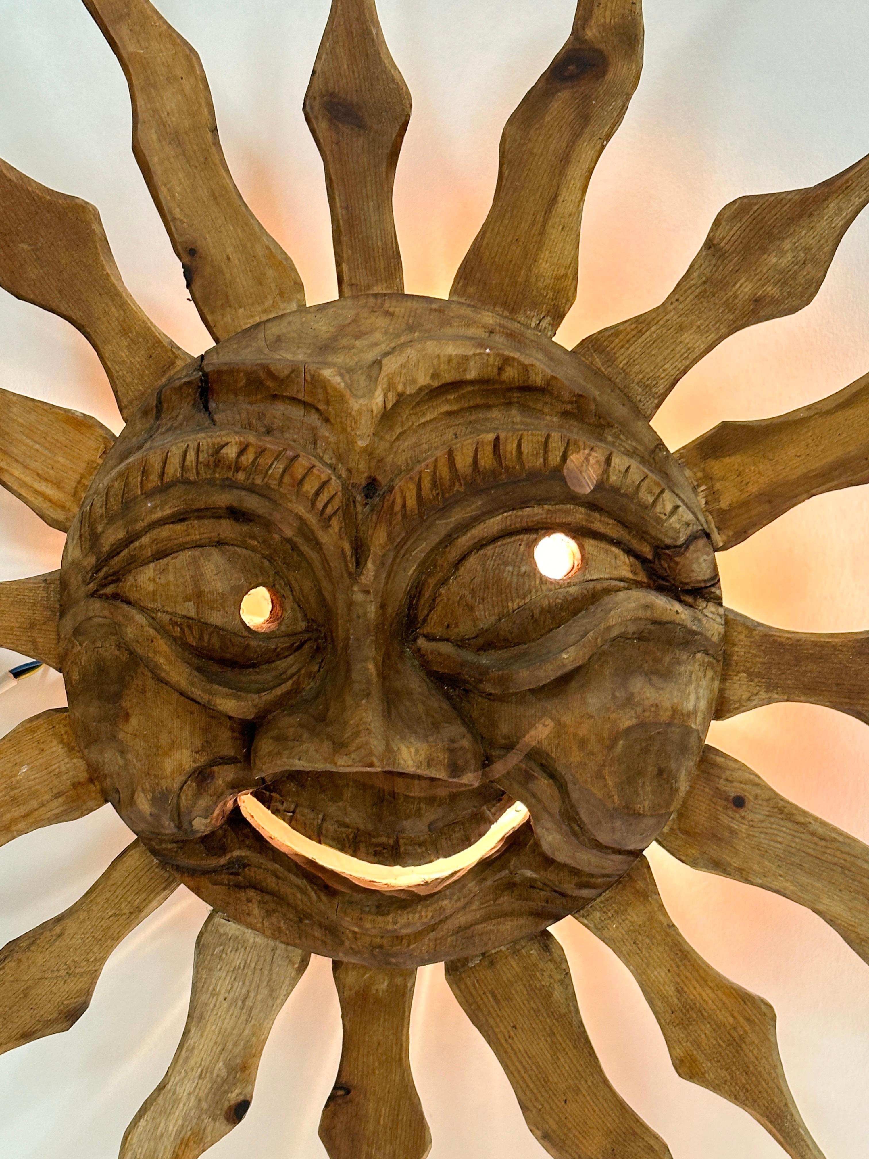 Stunning Wood Carved Sun Face Sunburst Wall Light Sculpture 1950s For Sale 6