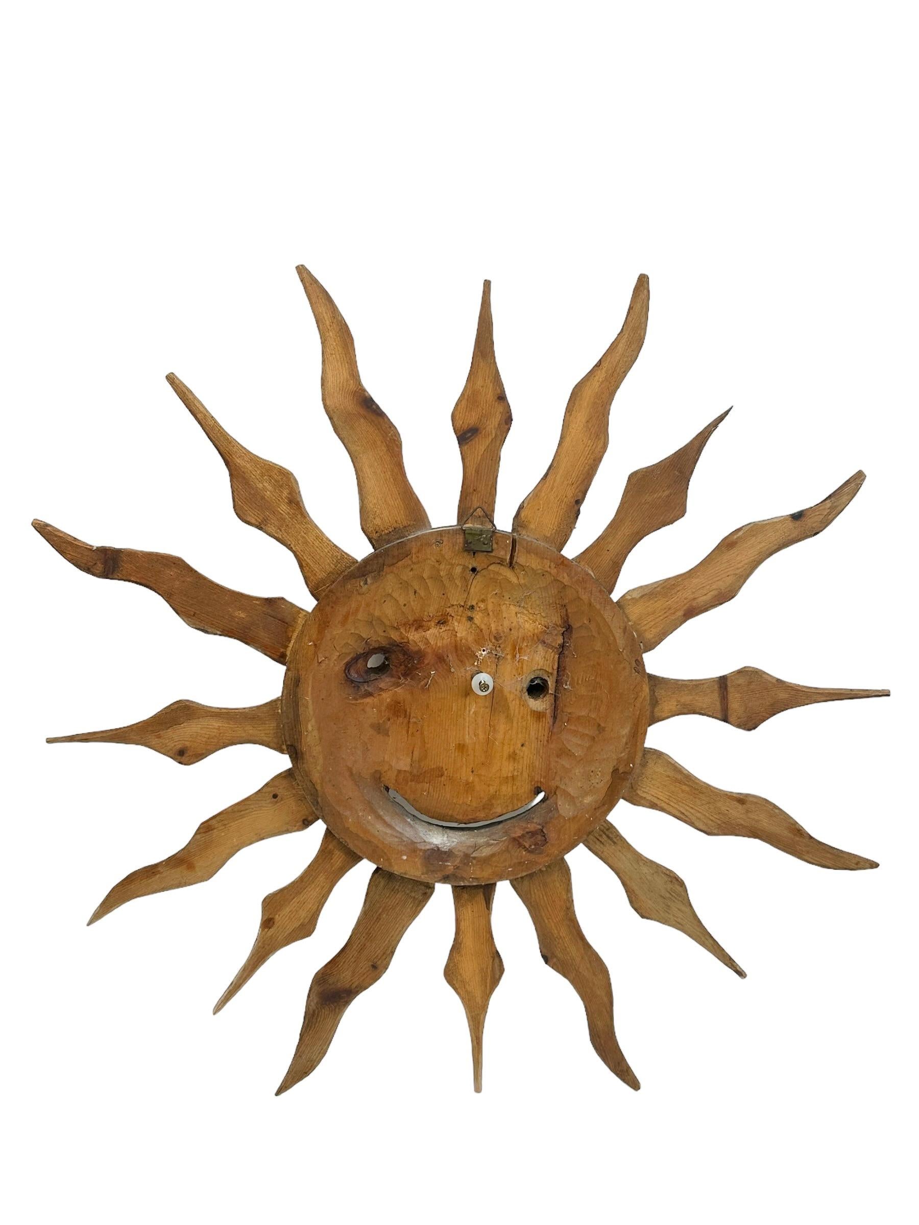 Stunning Wood Carved Sun Face Sunburst Wall Light Sculpture 1950s For Sale 7