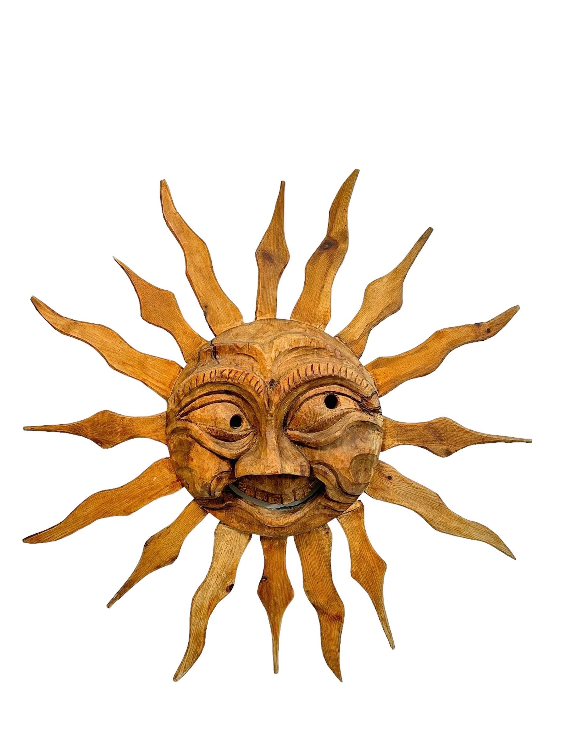 Stunning Wood Carved Sun Face Sunburst Wall Light Sculpture 1950s For Sale 8