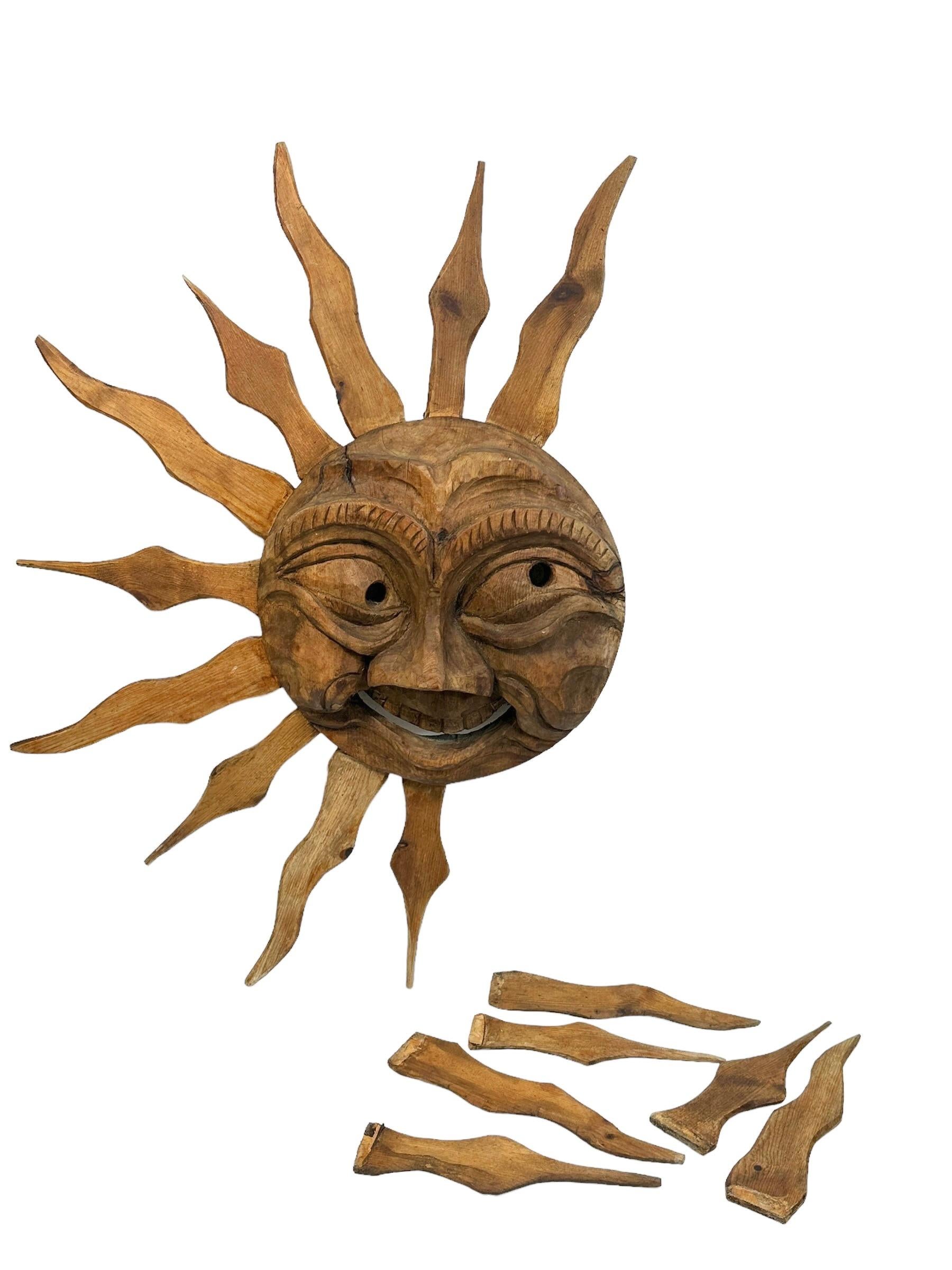 Stunning Wood Carved Sun Face Sunburst Wall Light Sculpture 1950s For Sale 9